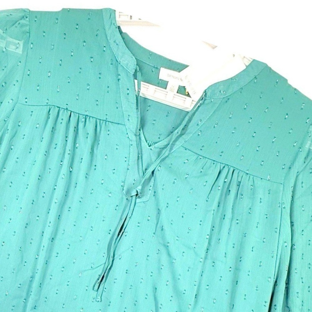Tamara Henneman Blouse Women L Teal Metallic Clip Dot Smocked Boho Top Tassel